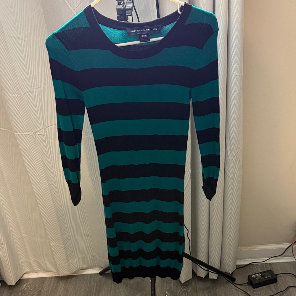 French Connection Teal and Black Striped Long Sleeve Sweater Dress